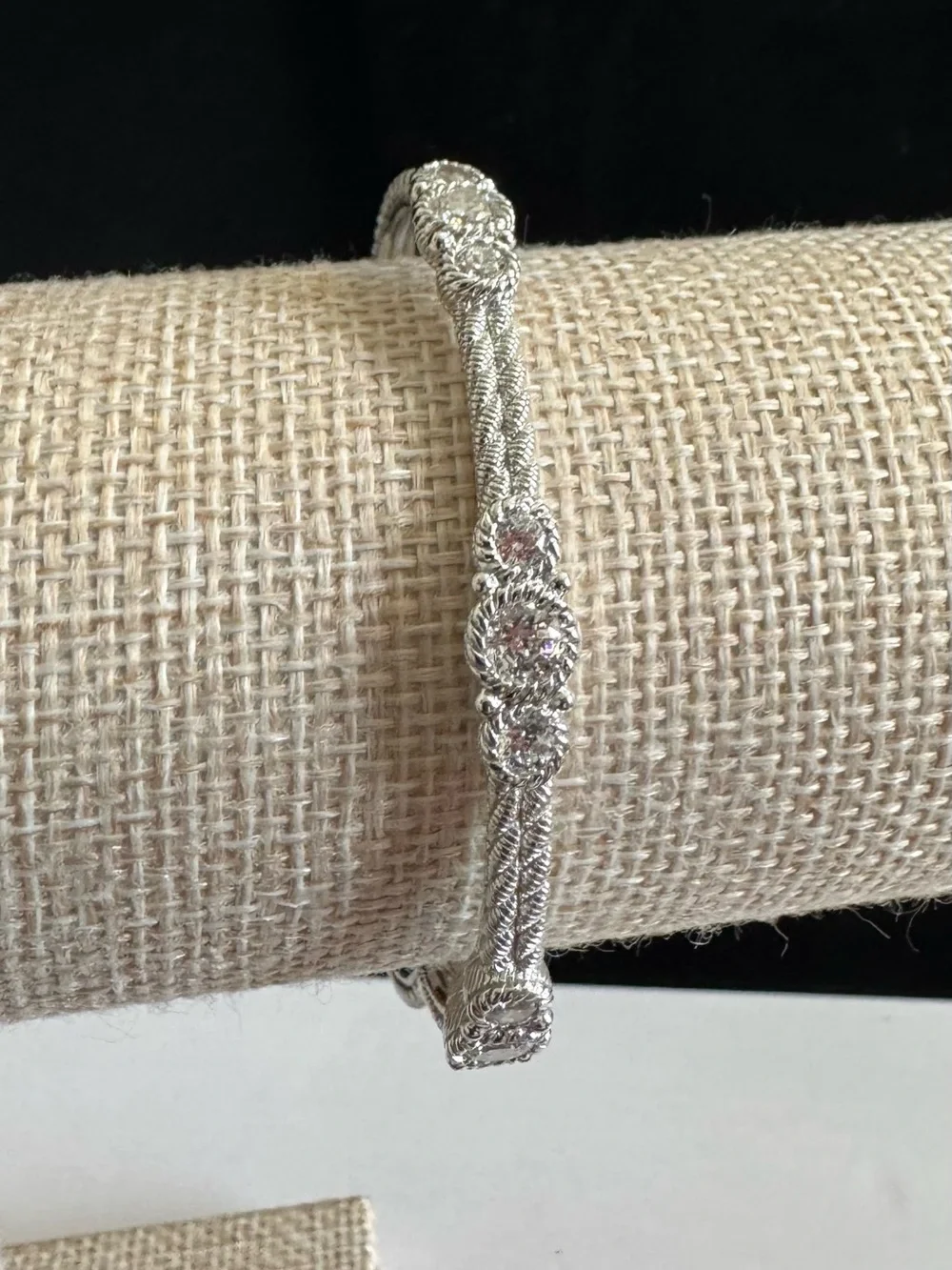 Judith Ripka 925 Silver Textured Bangle w/ Stations 3  Round Diamonique Crystals - Picture 7 of 9